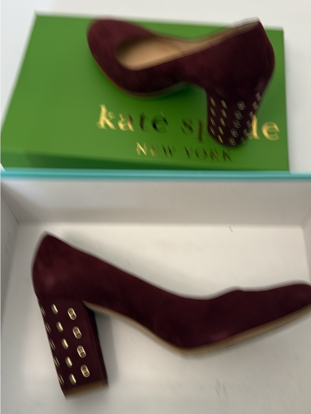 kate spade Burgundy Suede Block Heel Pumps with Gold Studs